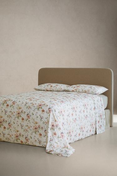 WILD FLOWERS SATEEN FLAT SHEET (300 THREAD COUNT) - Light beige by Zara