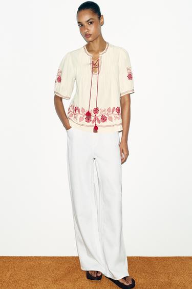 BLOUSE BRODERIES ET POMPONS - Blanc de Zara - Image 0