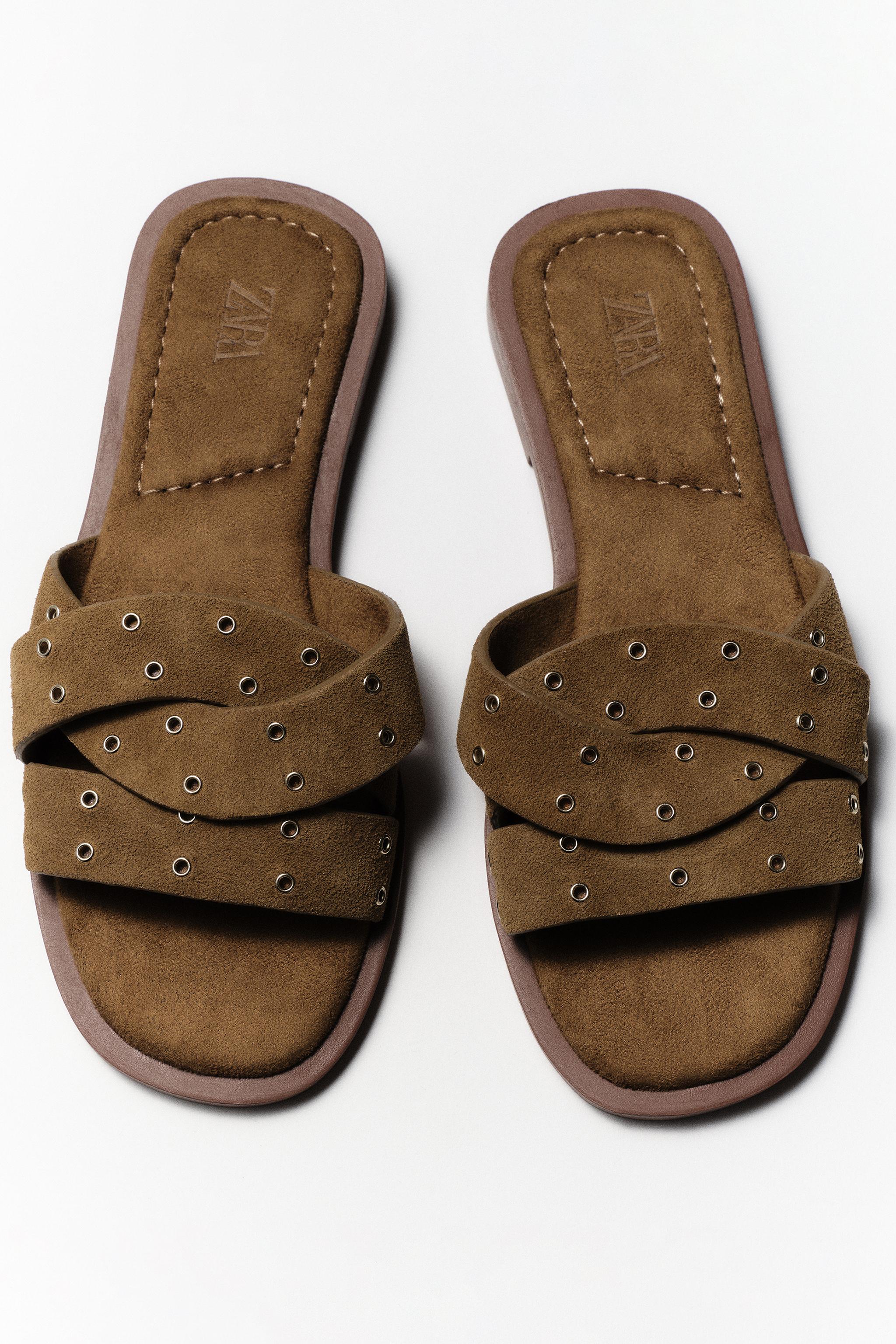 SPLIT SUEDE CROSSOVER FLAT SANDALS - Brown | ZARA Australia