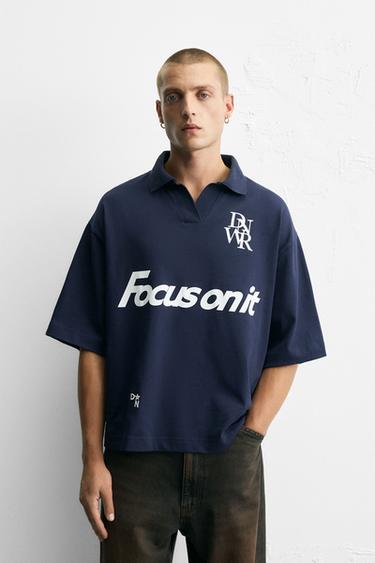 Zara TEXT PRINT POLO SHIRT - Navy blue