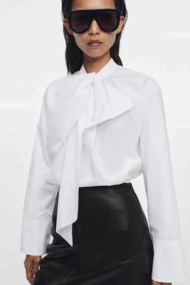 Zara TIED POPLIN SHIRT ZW COLLECTION - White