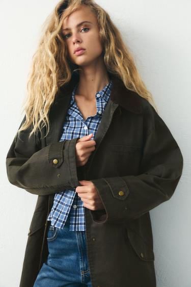 Zara WAXED CORDUROY COLLAR TRENCH COAT - Moss green