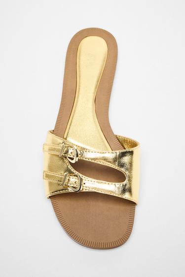Zara METALLIC EFFECT FLAT SANDALS - Gold