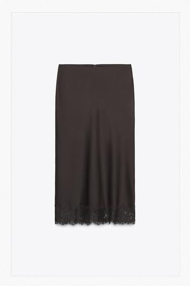 FALDA SATINADA ENCAJE ZW COLLECTION - Marrón oscuro de Zara