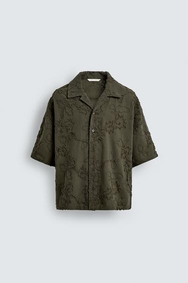 Zara EMBOSSED EMBROIDERY SHIRT - Dark khaki