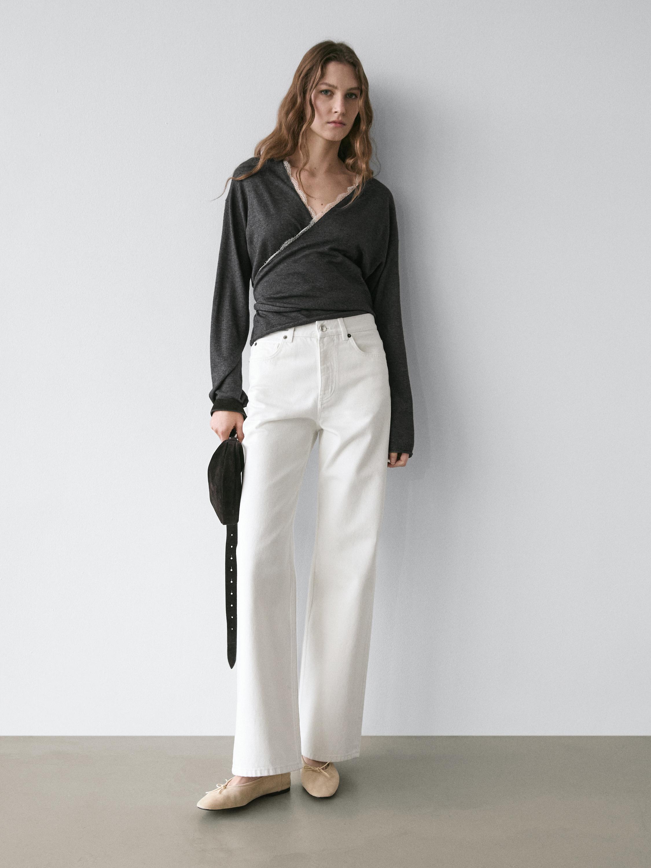 Cross-over knit cardigan with lace detail