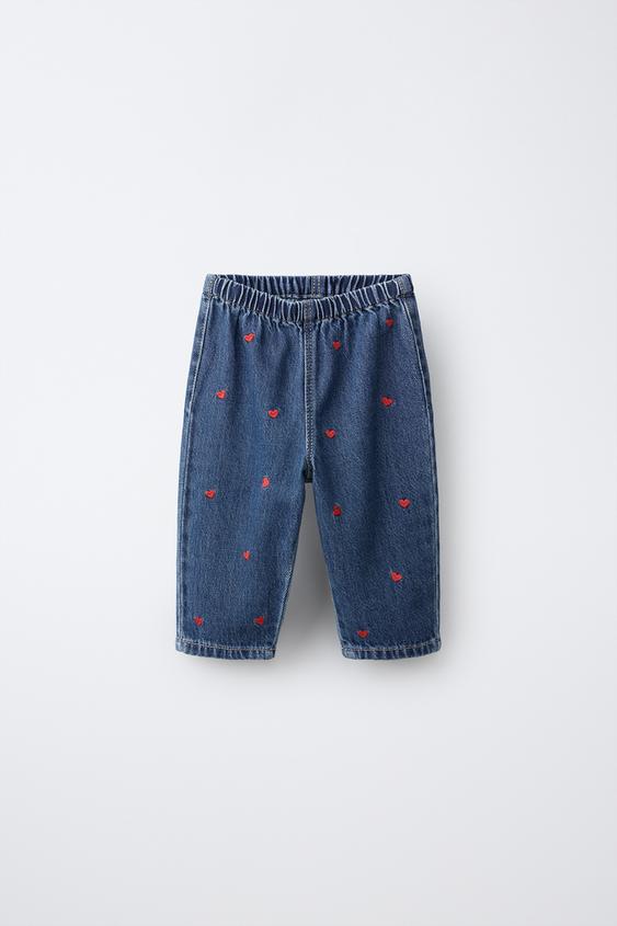 EMBROIDERED HEART BAGGY JEANS - Mid-blue by Zara - Image 0