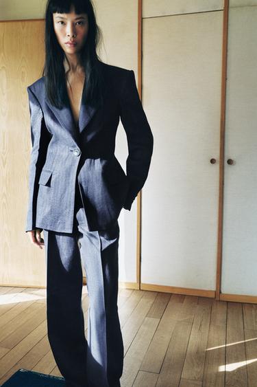 Zara 100% HERRINGBONE LINEN FITTED BLAZER - Indigo