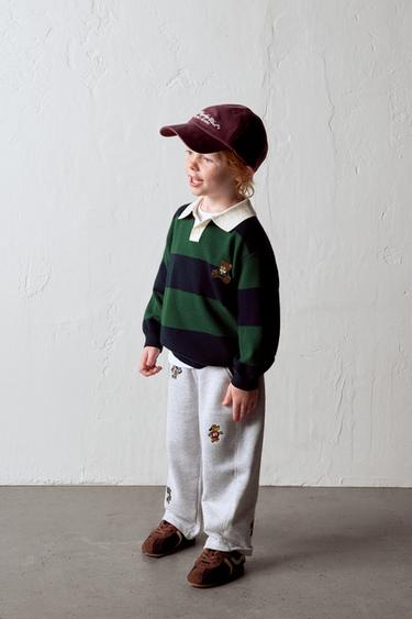 STRIPED KNIT POLO WITH BEAR PATCH - Green stripe by Zara