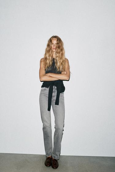 JEANS TRF مستقيم بسرج عال - رمادي الخاص بـ Zara