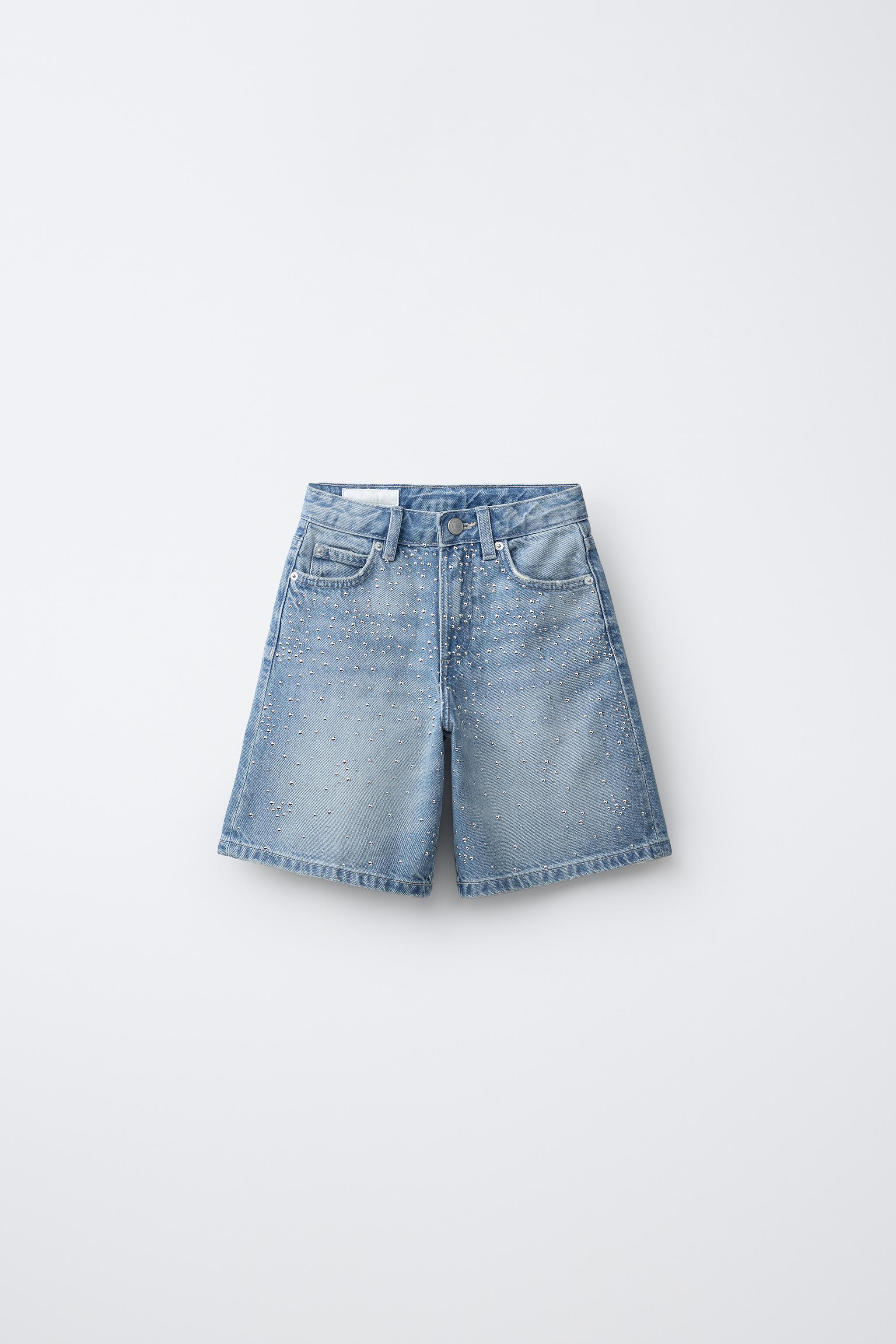 LONG DENIM BERMUDA SHORTS WITH RHINESTONES