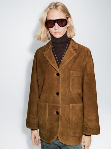 Americana bolsillos piel ante - Visón oscuro de Zara - Imagen 0