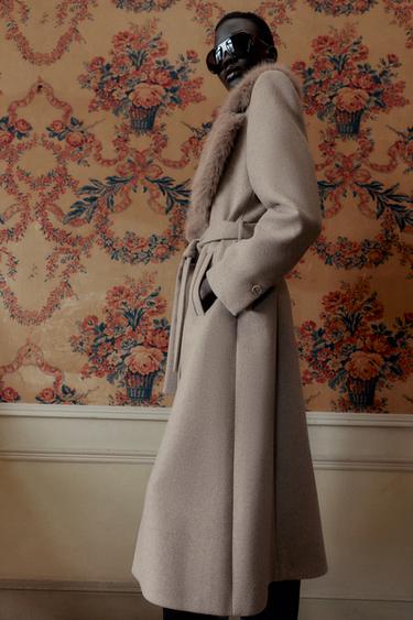 WOOL COAT WITH FAUX FUR LAPEL AND BELT - Light mink by Zara - Image 3