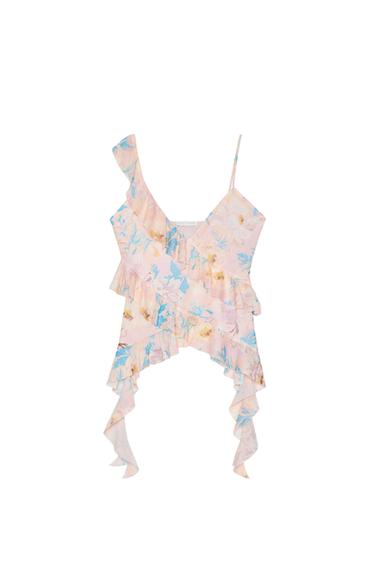 PRINTED TULLE TOP WITH RUFFLES