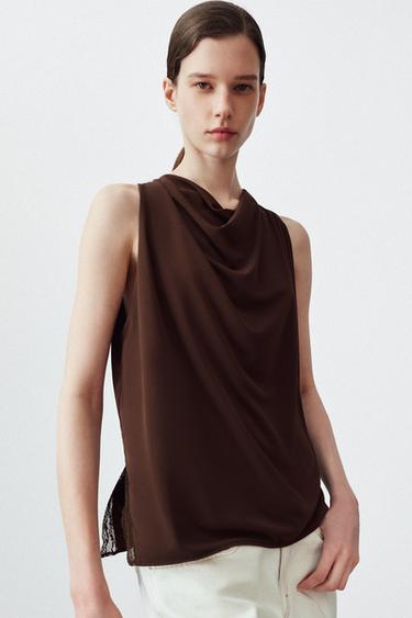 TOP WITH LACE OPENINGS - Brown by Zara