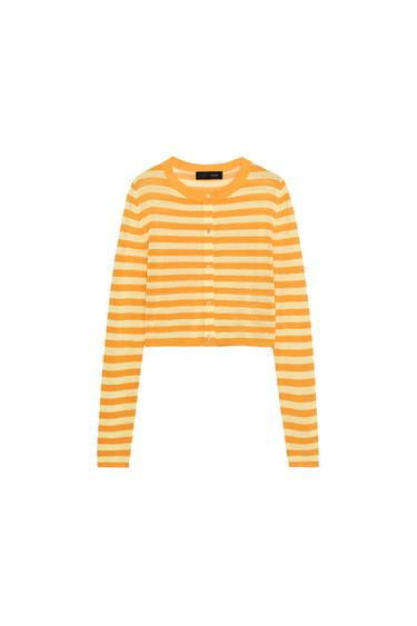 CROPPED STRIPED KNIT CARDIGAN