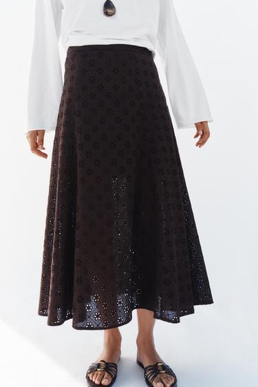 Zara EMBROIDERED EYELET MIDI SKIRT - Brown