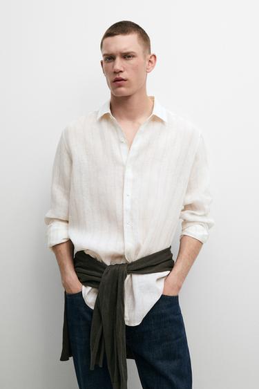 Zara 100% linen regular fit striped shirt - Beige