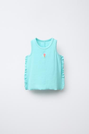 Zara EMBROIDERED RUFFLED RIBBED TOP - Mid-turquoise