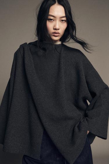 KNIT CAPE WITH SCARF DETAIL - Grey by Zara