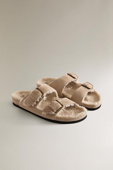 SANDALES CHAUDES EN CROÛTE DE CUIR À DOUBLE BOUCLE - Blanc écru de Zara - Image 1