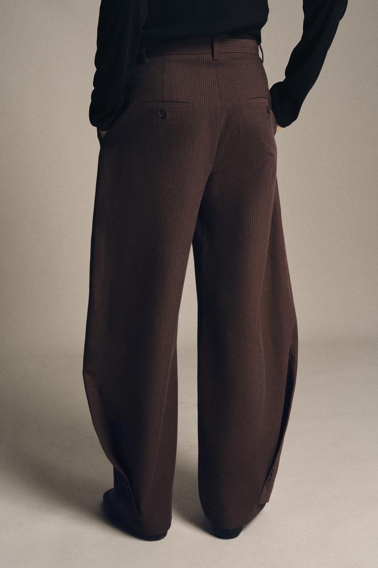 Striped marl brown trousers set, mid-rise, wide leg, buttoned back pockets.