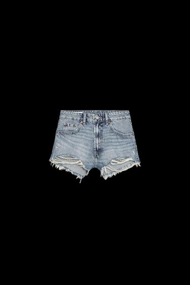 Zara HIGH WAIST RIPPED TRF DENIM SHORTS - Blue - Image 0