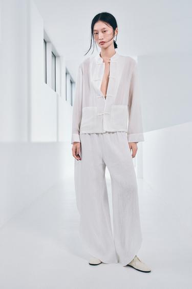 Zara ZW COLLECTION 繩結扣緞面襯衫 - 白色