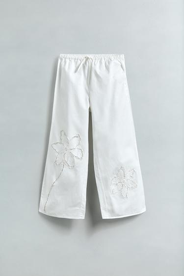 PANTALON DROIT À FLEURS BRODÉES - Blanc de Zara - Image 4