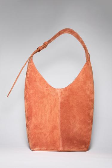 Zara SPLIT LEATHER MAXI BUCKET BAG WITH HANDLE DETAIL - Orange
