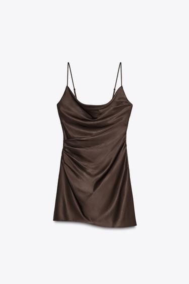 ZW COLLECTION SATIN MINI STRAPPY DRESS - Dark brown by Zara - Image 0