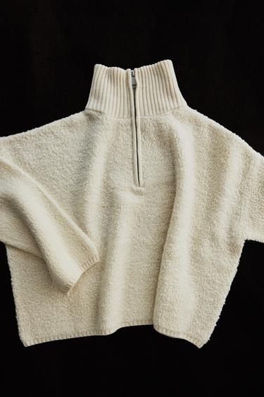 WOOL FAUX SHEARLING ZIP SWEATER — Ecru 1
