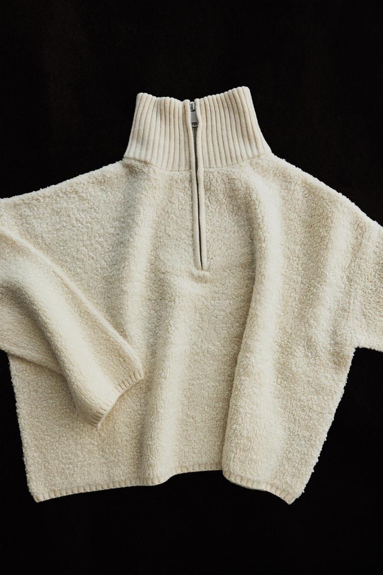WOOL FAUX SHEARLING ZIP SWEATER — Ecru