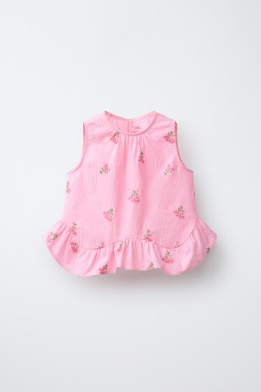 STRIPED TOP WITH FLORAL EMBROIDERY - Pink by Zara