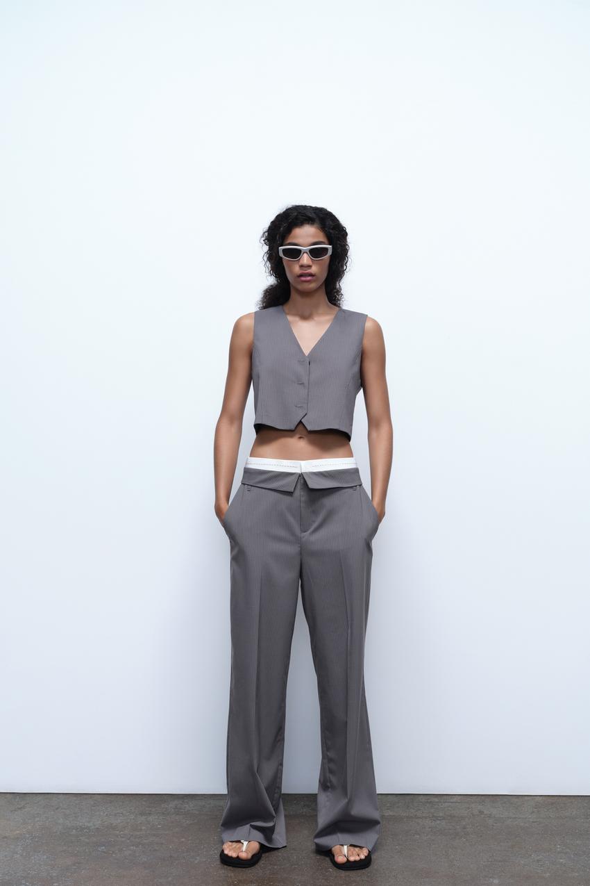 TOPSTITCHED TURNED-DOWN WAIST PANTS - Light gray