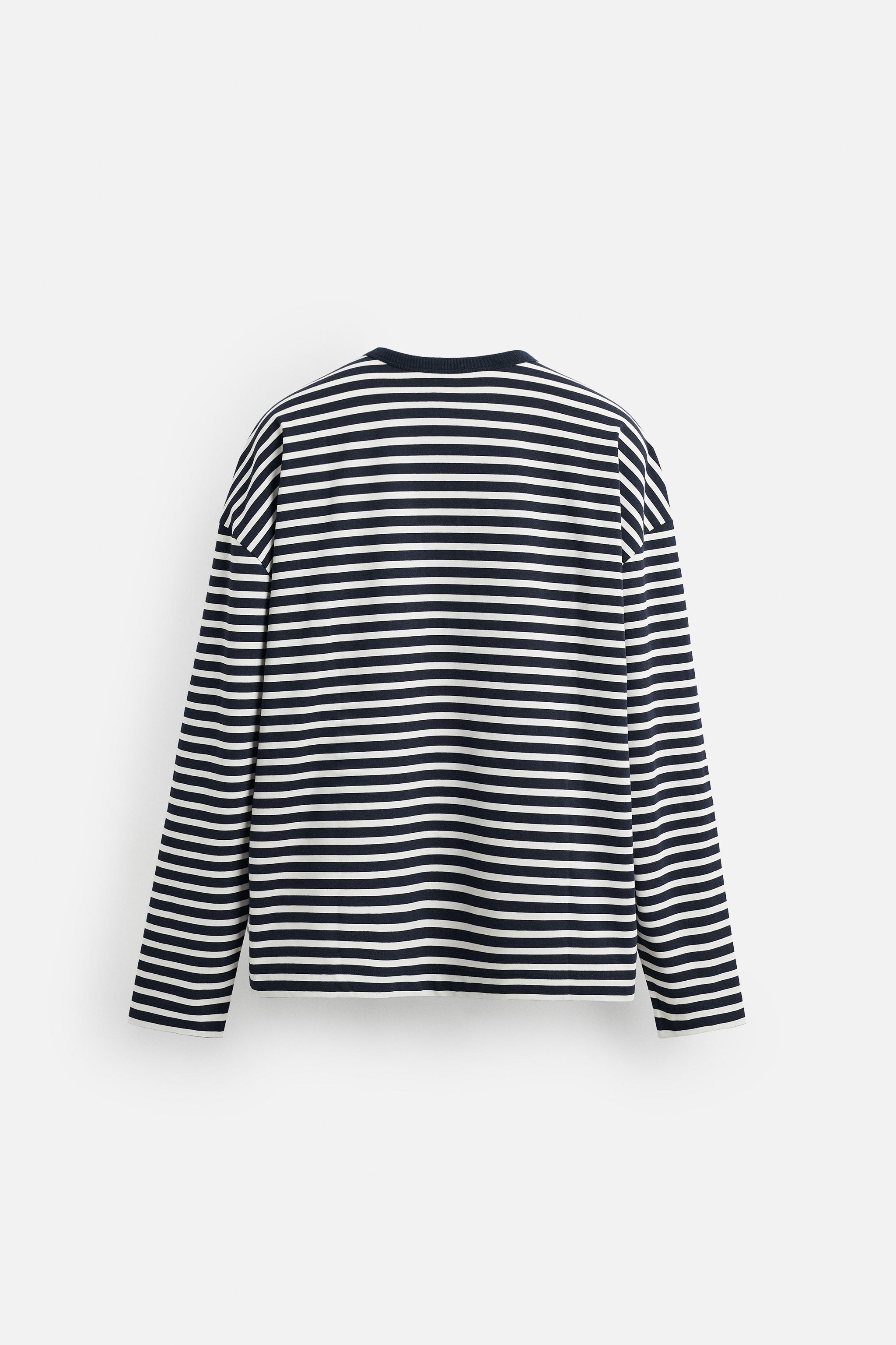 ストライプパッチTシャツ - ホワイト/ネイビーブルー | ZARA