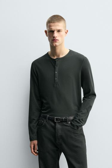 RELAXED FIT HENLEY T-SHIRT - Dark grey by Zara