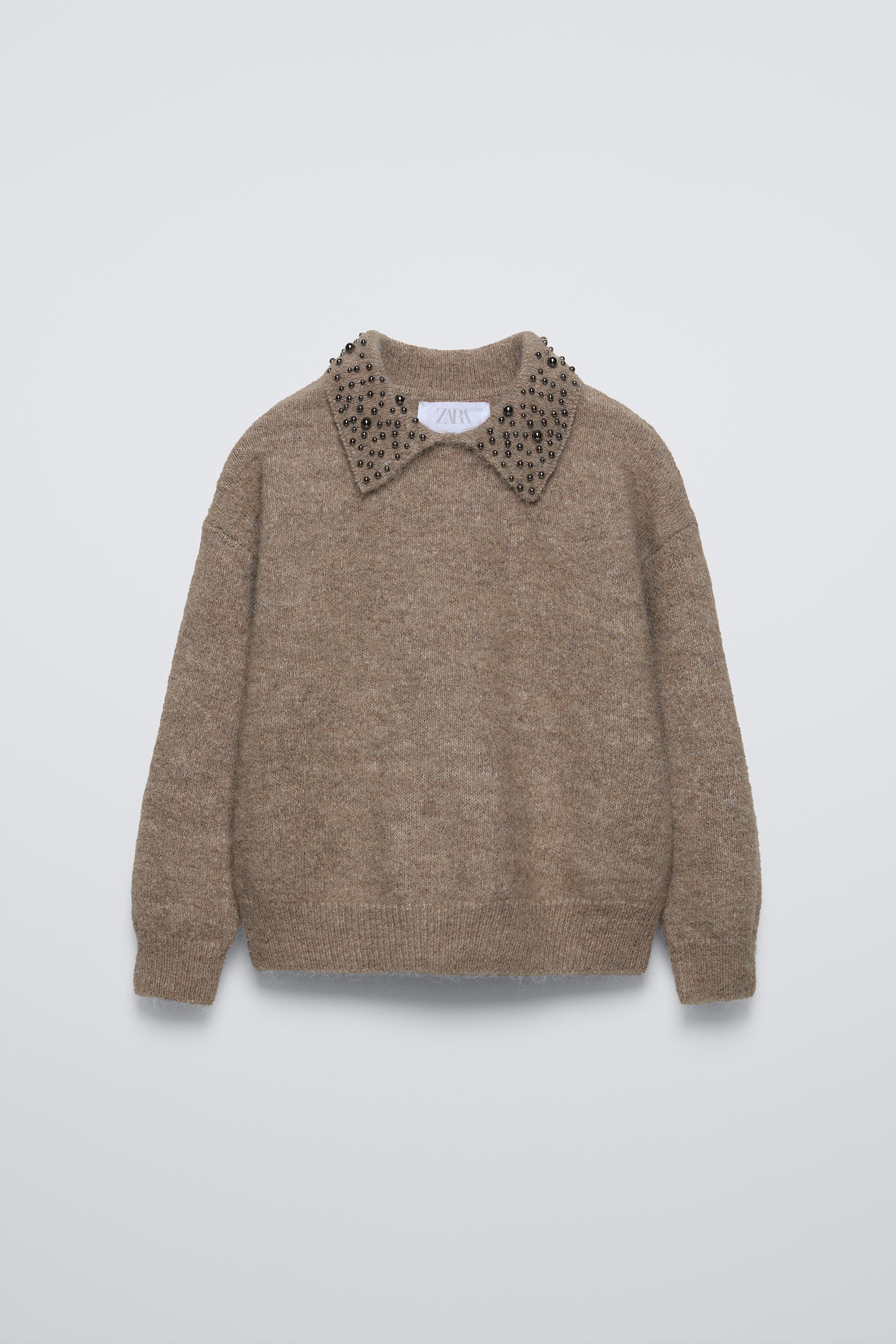 KNIT SWEATER WITH FAUX PEARLS Brown Taupe ZARA United Kingdom