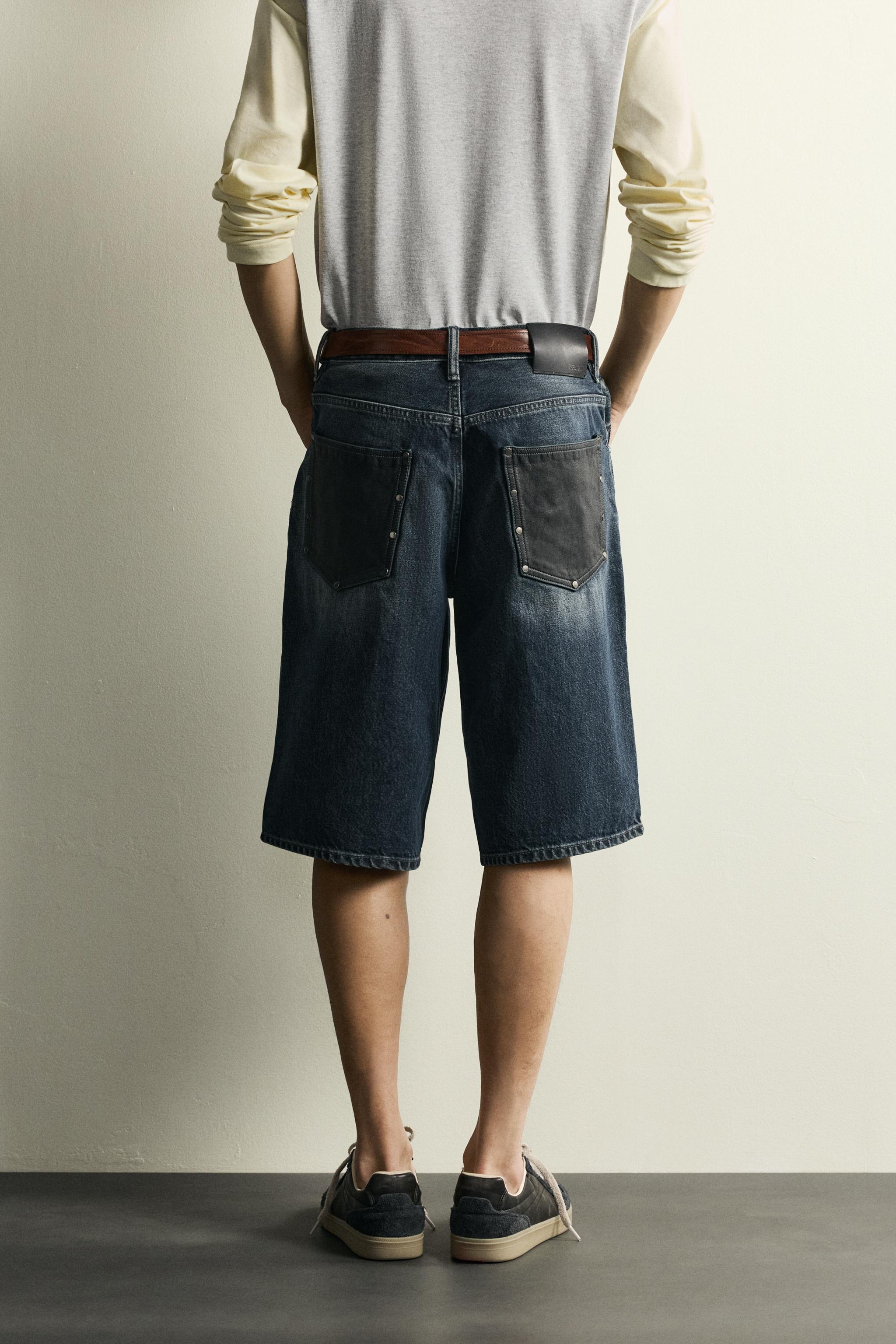 BAGGY FIT DENIM SHORTS WITH LEATHER POCKETS