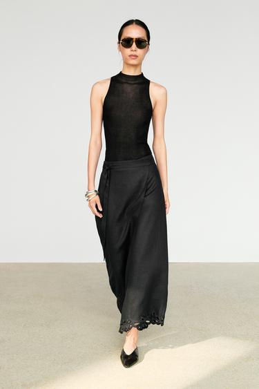 Zara 100% linen embroidered skort - Black - Image 0