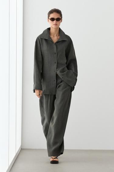 Zara Melange linen overshirt with buckles - Green / Blue - Image 0