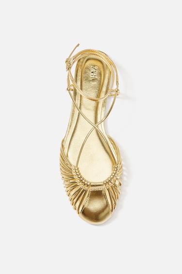 Zara 金屬色細帶羅馬鞋 - 金色