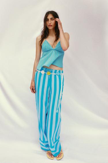 Zara STRIPED OPEN BACK TOP - Dark turquoise
