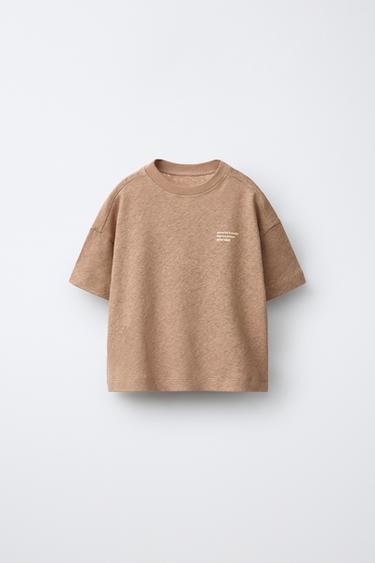 COTTON AND LINEN T-SHIRT WITH TEXT - Light brown by Zara