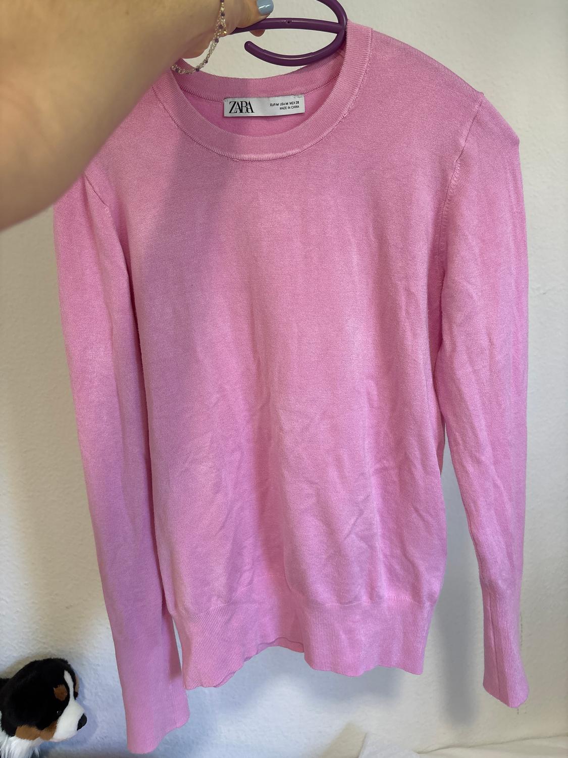 Light pink jumper hanging on a purple hanger, with a visible "ZARA" tag. White background and a soft toy in the corner.