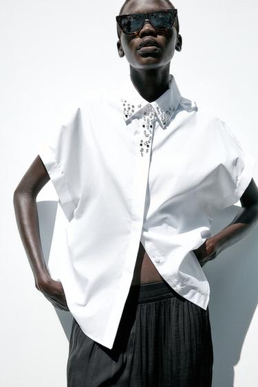 CAMISA POPELÍN CUELLO JOYAS - Blanco de Zara