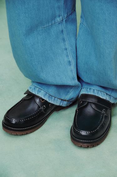 Zara LEATHER DECK SHOES - Navy Blue