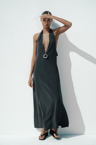 Zara HALTER TIE MIDI DRESS - Black