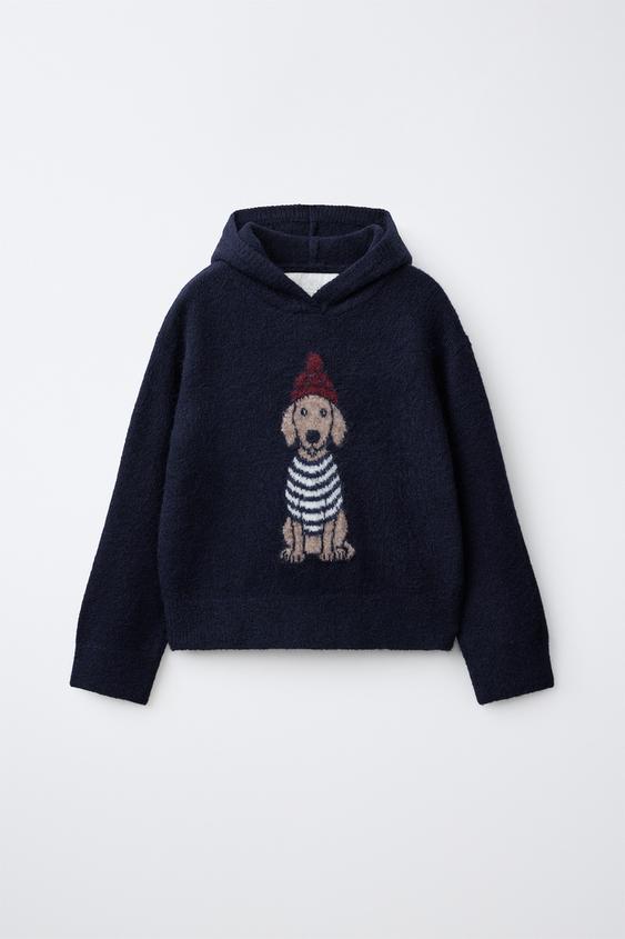 PULL EN MAILLE À CAPUCHE ET IMPRIMÉ CHIEN - Bleu marine de Zara - Image 0