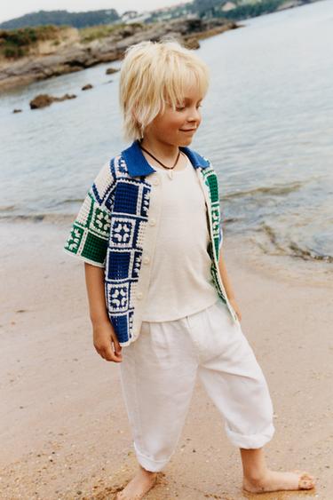 MOSAIC CROCHET KNIT SHIRT - Ecru / Blue by Zara